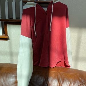 Brand new hooded sweater shacket. Red and cream.